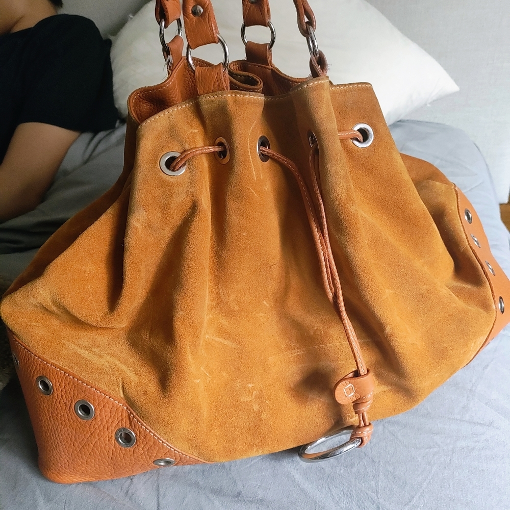 Orange furla suede bag with draw string
